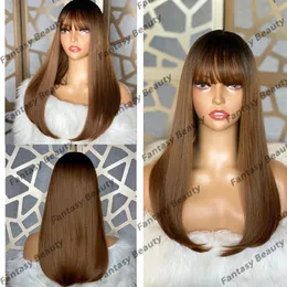 Thick Bangs Wigs Ombre Fringe Golden Brown Silky Straight Human Hair 360 Lace Frontal Wigs for Black Women Glueless Natural 13x6 Wigs