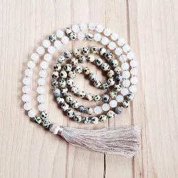 Chains 6mm White Stone & Dalmatian J-asper Mala Necklace 108 Yoga Beads Handmade Tassel Traditional Knotted Jeweley