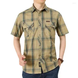 Men's Casual Shirts Summer Military Plaid Men Cotton Single Breasted Short Sleeve Chemise Homme Army Cargo Shirt Plue Size 5XL