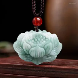 Pendant Necklaces Natural Jade Lotus With Beautiful Rope Chain Necklace Fengshui Geomantic Amulet Talisman Symbolize Happiness