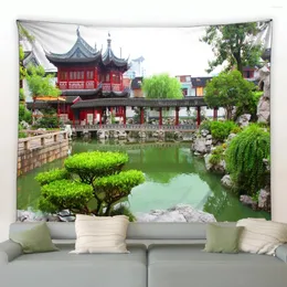 Tapissries Park Nature Landscape Tapestry River Pavilion Green Plants Flowers Chinese Style Scenery Decor Home Wall Hanging trasa