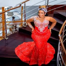 2023 Nov Aso Ebi Arabo Rosso Sirena Abito da ballo In rilievo Paillettes Pizzo Serata formale Festa Secondo ricevimento Compleanno Abiti di fidanzamento Abiti Robe De Soiree ZJ341