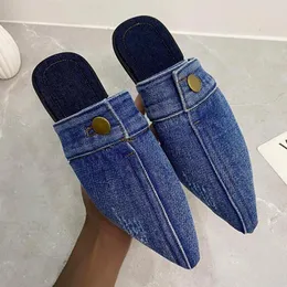 Hausschuhe blau spitzer Zeh Denim Outdoor -Rutschen Maultiere auf Wohnungen einfache Frauenschuhe Zapatillas Mujer Ytmtloy Innenräume