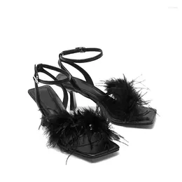 Sandals Summer Square Headed Fur One Piece Thin Heel High Banquet Dress Versatile Fashion Women's Shoes