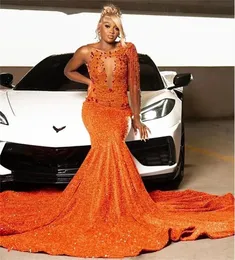 Sexy Orange equin tassels Crystal Mermaid Prom Dresses 2024 Luxury Designer One Counter Party Black Girls African African Robe de Bal