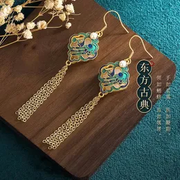 Dangle Earrings Classical Enamel Painted Craft Inlaid Imitation Hetian Jade Tassel Hollow Design Wholesale