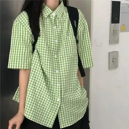 Polos pour femmes Japonais Harajuku Chemise à carreaux Chemisier à manches courtes Coréen Vert Tops Femme Preppy Esthétique Mode Casual Cardigan