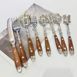 Dinnerware Sets Western Cutlery Set Knife Fork Spoon Brown Wooden Handle Stainless Steel