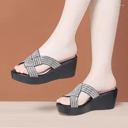 Slippers 6cm Small Size 32-43 Rhinestone Med Heels Platform Wedges Shoes Women 2023 Summer Genuine Leather Slides Office Mom