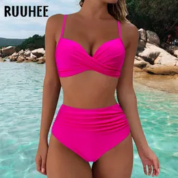 Women's Swimwear RUUHEE High Waist Bikini Woman Solid Swimsuit Women Swimwear Bathing Suit Padded Push Up Ruched Swimsuit Women Bikini Set 230331