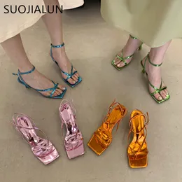 Suojialun Summer Women Sandals Sandals Fashion Band Band Band Ladies Elegant Gladitor Thin High Heel Square Toe Pumps 2554