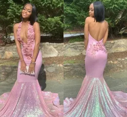 Mermaid 2023 Pink Prom Dresses Lace Applique Halter Sequins Floor Length Backless Custom Made Ruched Evening Party Gowns Vestidos Plus Size