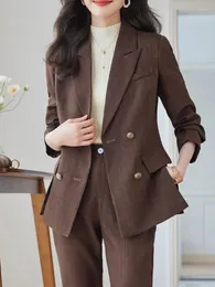 Calças femininas de duas peças elegante calça ternos mulheres manga longa escritório moda coreana sólida dupla breasted 2023 outono inverno casacos