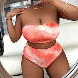 Women's Swimwear 0XL-4XL Sexy Fat MM Large Orange Tie Dye Bandeau High Waist Bikini Swimsuit Women Beach Holiday Swim Suit Lady