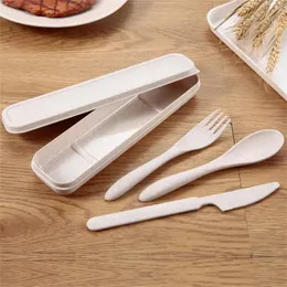 Geschirr Sets Set Besteck Box Tragbare Japan Stil Weizen Stroh Messer Gabel Löffel Für Student Reise Küche Geschirr