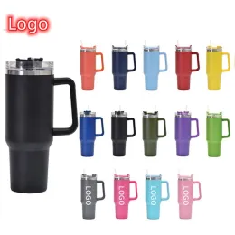 With Logo US Stock 40oz Reusable Tumbler with Handle and Straw Stainless Steel Insulated Travel Mugs Keep Drinks Cold Water Bottle 1103