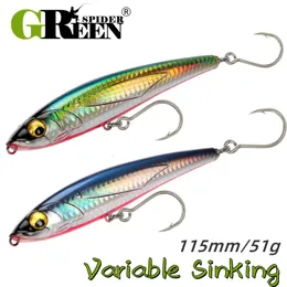 Betar lockar greenspider uv 115mm 51g penna fiske lockar sjunkande stora spel konstgjorda hårda bete 3x krok för gt tonfisk havsfiske lockar 230331