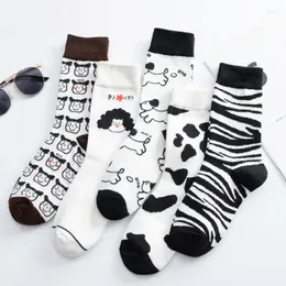 Women Socks 1 Par Cartoon Cute Womens Cotton Cow Zebra Dog Cross Stripes Houndstooth Fingers Portrait Illustration Happy Funny Funny