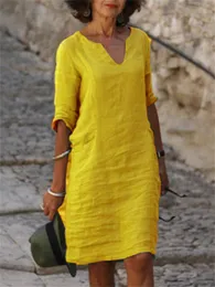 Casual Dresses Eotvotee Cotton Linen Dress 3 Quarter Vintage Casual V Neck Loose Waist Midi Beach Dress Women Clothing Green Blue Yellow Robe 230403