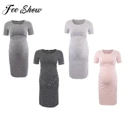 Maternity Dresses Women Summer Boat Neck T-shirt Comfy Stretch Fabric Striped Short Sleeve One-piece Dress For Daily Wear