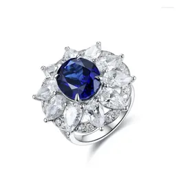 Anelli a grappolo Pirmiana Royal Blue Lab Sapphire S925 Fede nuziale in argento con pietra preziosa di forma ovale per donna