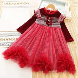 Natal crianças gaze vermelha vestidos de princesa meninas arcos rendas de seda brilhante vestido de tule natal crianças roupas de festa z5155