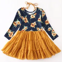 Flickans klänningar Girlymax Fall Halloween Thanksgiving Baby Girls Sunflower Pumpkin Floral Tutu kjol Twirl Dress Knä längd Kidskläder 230403