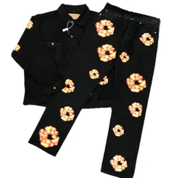 Jeans masculinos designer de alta rua flor denim grinalda preto lavado jeans retos calças soltas empilhadas jeansbiker caminhoneiro jaqueta moda vintage remendo de couro outono