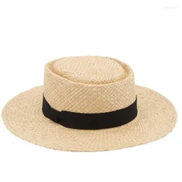 Breda randen hattar kvinnors raffia stråhatt ren handgjorda resesemester män sol svart elegant fedora