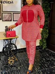 Kvinnors tvåbitar byxor Vonda Women Pant Set 2023 Elegant Plaid Suits Lady kontrollerade långärmade toppar och hög midja Casual Loose Bohemian