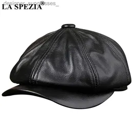 Berets La Spezia Black Newsboy Chapéus para Homens Genuine Cowskin Couro Octogonal C Masculino Outono Inverno Equipado Vintage Duckbill Chapéus BeretL231103