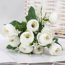 Flores decorativas rosa rosa seda peony buquê artificial 10 cabeças brote fals para vaso caseiro decoração de casamento interno