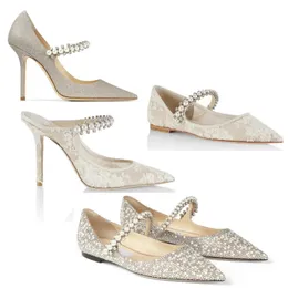 2023 Scarpe eleganti da sposa décolleté sandali tacchi alti Décolleté con cinturino impreziositi da perle PIZZO BIANCO punta a punta slip on scarpe da donna da sposa da festa dondon marchi di lusso