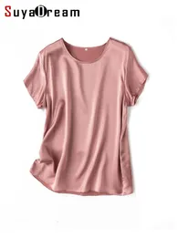 Women's T-Shirt SuyaDream Woman Silk Tee 100%Real Silk Short Sleeved Plain O Neck T Shirt Summer Top 230331