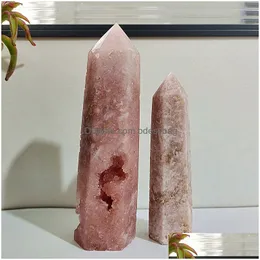 장식용 물체 인형 자연 분홍색 자수정 크리스탈 타워 완드 지점 미네랄 룸 장식 돌 에너지 DHZMW