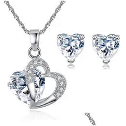 Pendant Necklaces Valentines Fashion Jewelry Sets Sier Cubic Zircon Cz Red Heart Necklaces Stud Earrings Gift Wedding Set Drop Deliver Dhwoh