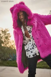 Abrigo de piel sintética para hombre, abrigo de piel sintética rosa, estilo coreano, manga larga, suelto, esponjoso, cálido, abrigo con capucha, chaqueta de calle bonita para hombre, talla grande S-4XL T231104