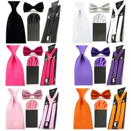 Laços masculinos cor sólida gravata borboleta 8cm puff bolso quadrado hanky suspender conjunto de suspensórios bwset0055