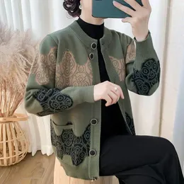 Women's Knits Knitted Sweater Cardigan Coat Middle-Aged And Elderly Outerwear 2023 Autumn Winter Single-Breasted Jacket Tops B153