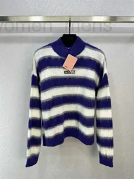 Women's Knits & Tees designer 2023 Autumn/Winter New Nanyou Miu Fashion Versatile Slim Stripe Contrast Mohair Half High Collar Pullover Sweater KCJ5