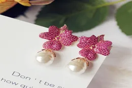 Fashion Rose Red Big Flower Full Stone Setting Oregelbundet Pearl Drop Earring Party Jewelry Gift Wedding Bride Accessories 2106243820568