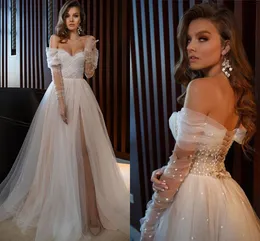 Champagne Wedding Dress Sexy Split Side Dots Tulle Long Sleeve Bride Party Gowns Boho 2023 Off Shoulder Vestido de Noiva