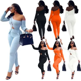 Womens Tracksuits 2 Piece Outfits Spring Summer Designer Clothing Long Sleeve Oblique Shoulder Cardigan Tops Casual Pants Suit Two Piece Set