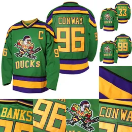 Maillot De Hockey Mighty Ducks - Jersey #96 Charlie Conway, #99 Adam Banks, #33 Greg Goldberg, #66 Gordon Bombay, Blanc Et Vert