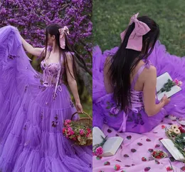 Fairy Purple Tulle Prom Dresses 3D Flowers A Line Sexy Spaghetti Straps Corset Back Party Dorts Sweep Train Plus Secied Trispion Evening Rets Cl2886