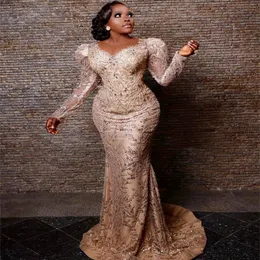 Nov Aso Ebi Arabic Mermaid Gold Dress Gold Dress Sheer Neer Wilierined Lace Evening Formale Party Second Reception Birthday Gowns Dresses abiti Robe De Soiree