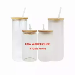 USA STOCK 16oz Sublimation Glass Blanks With Bamboo Lid Frosted Beer Can Borosilicate Tumbler Mason Jar Cups Mug With Plastic Straw 50pcs/ctn