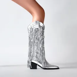 Style Leder 2024 speicherte Schaffell -Plünderung Zehen -Knöchelstiefel Quaste Stiefel Mode Casual Party Kleidungsschuhe 7cm klobige Absätze Diamant Zirkon Strass Siz