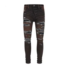 2023Mens Designer en détresse déchiré maigre Cowboy pantalon pantalon déchiré trou rayure à la mode broderie Denim pantalon violet