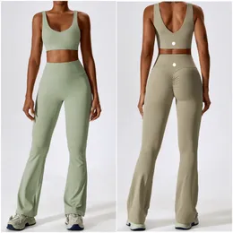LL-8232 Womens Yoga Outfit Yoga Set Vest Sleeveless Tops Pants Bell-Bottom Trousers Excerise Sport Gym Running Long Pant Elastic High midje sportkläder kostymer